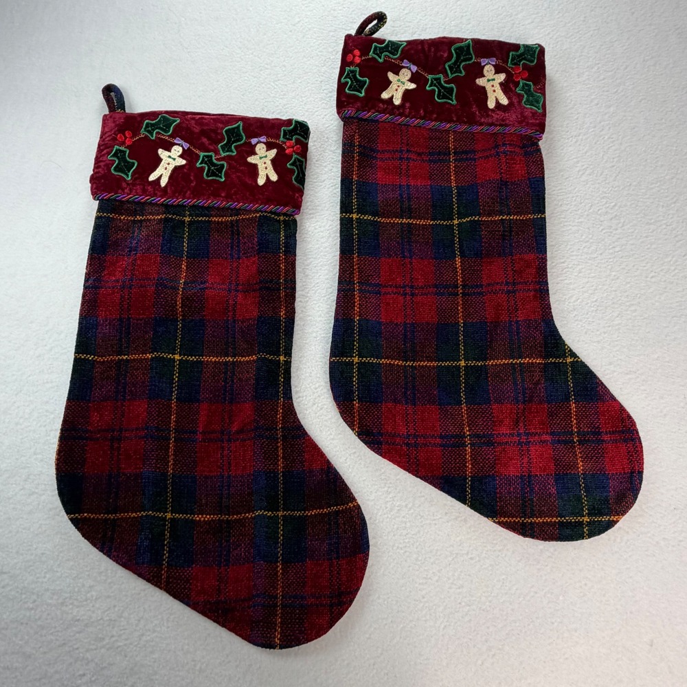 Set of 2 Plaid Chenille Christmas Stockings Gingerbread Velvet Cuff Red Navy 18"